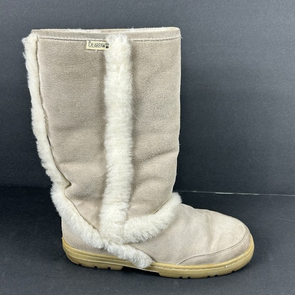 Bearpaw Kendall Size 9 Tall Boots Fuzzy Suede Beige Sheepskin Sherpa Women's - Picture 1 of 15